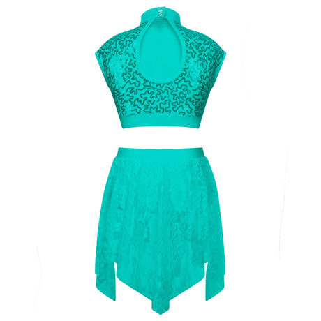 Sequins Ballet Dance Set Girls Crop Top Skirted Shorts Stage Dance Costumes