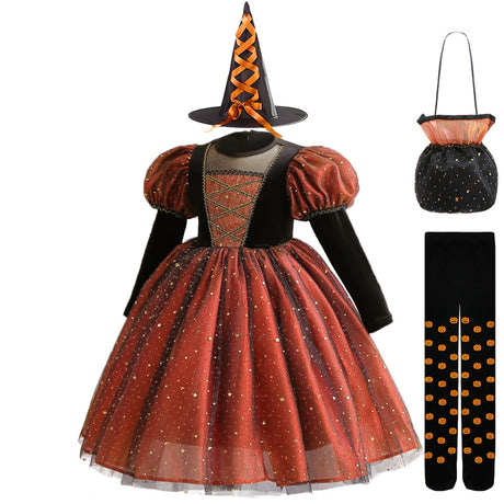 Tabitha's Halloween Witch Girls Orange Costume and Accessories