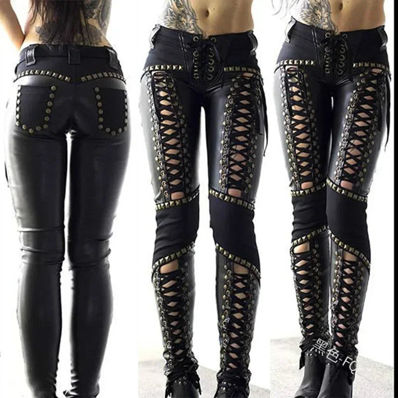 Punk Rock Laced Up Imitation Leather Skinny Pants