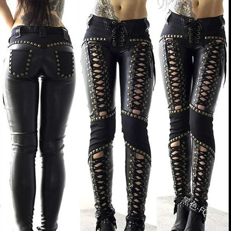 Punk Rock Laced Up Imitation Leather Skinny Pants