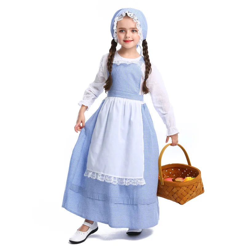 Little House Prairie Pioneer Girl Costume Olden Day Dress Purim Halloween Cosplay