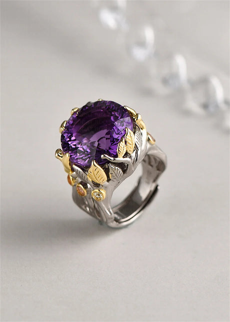 The Weaver's Treasures S925 Sterling Silver Rings Golden Leaves Natural Amethyst Tourmaline