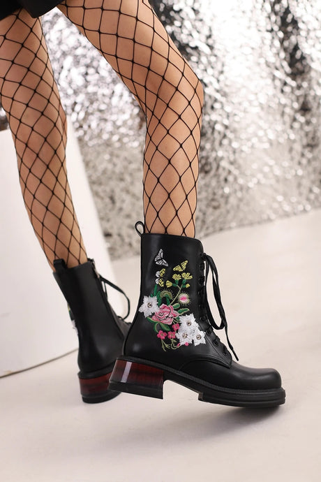 Wildflower Embroidery Lace Up Ankle Boots Black Platform Chunky Heels Large Sizes