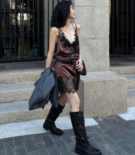 90s Lace Slip Dresses Vintage Silky Deep V-neck Dainty Punk Rock Grunge