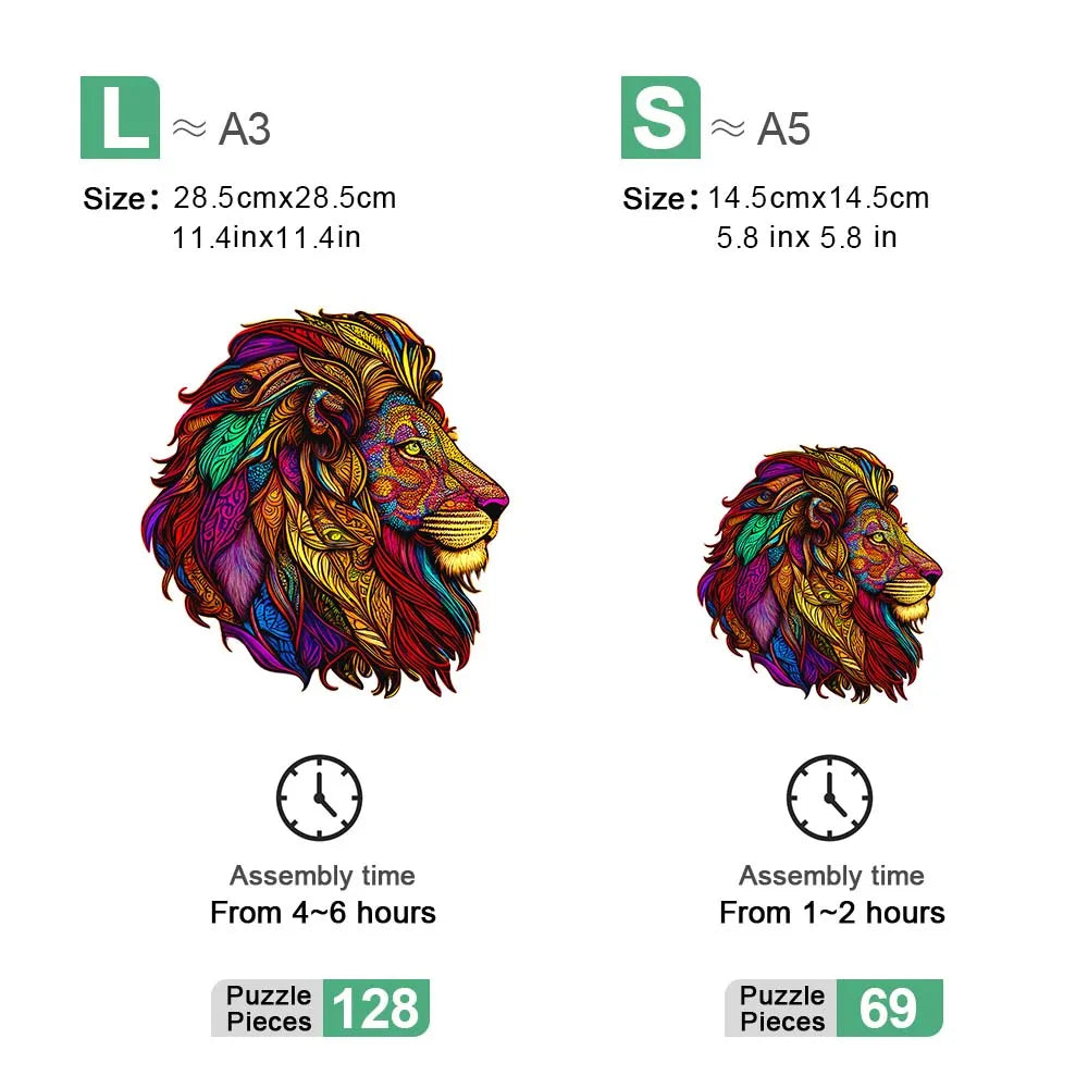 King of the Jungle Lion Wooden Jigsaw Puzzle Irregular Shaped Pieces