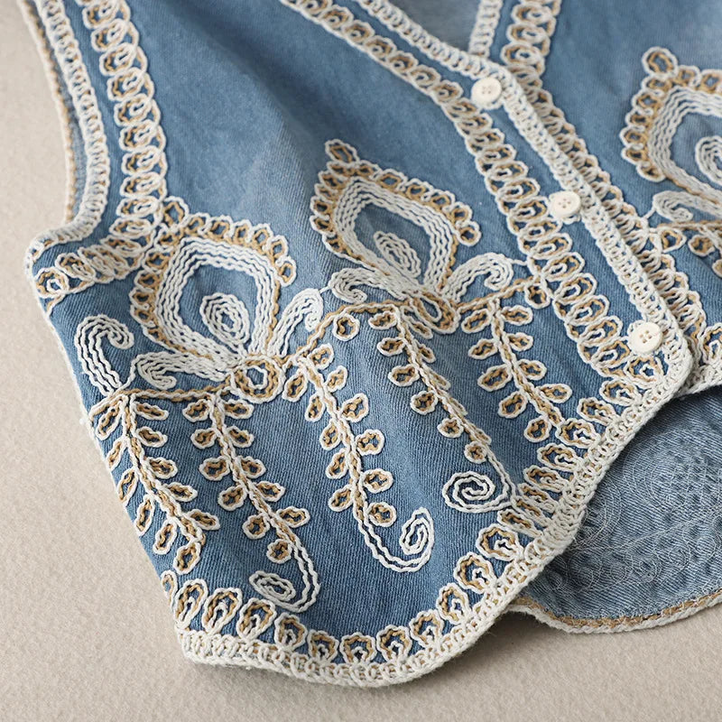 Mardi's Boho Denim Floral Embroidery Vest Top