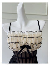 Justine's French Black Lace Sling Spliced Ruffles Bandage Backless Dress