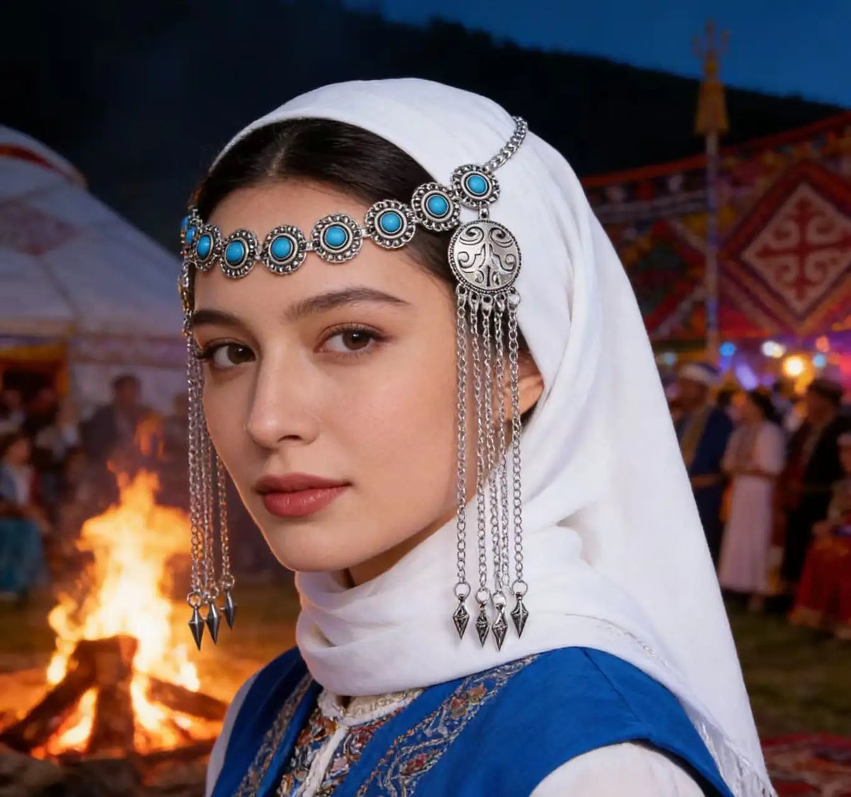 Kazakh Forehead Chain Silver Tassel Headband