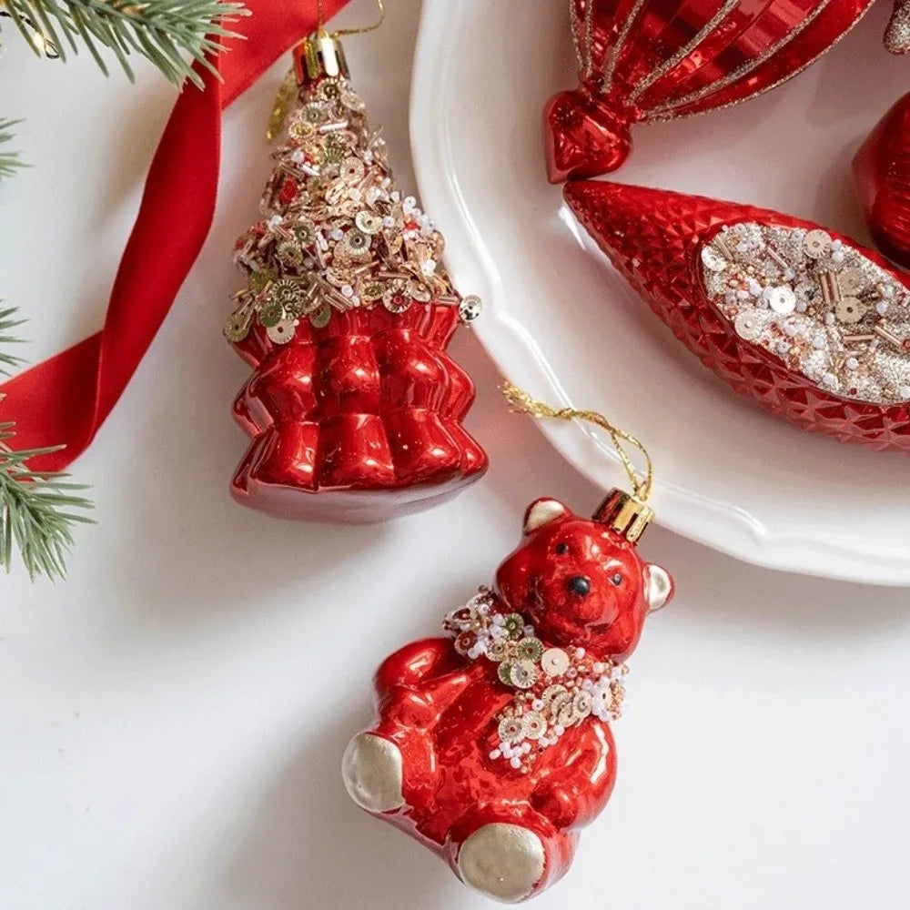 Red Christmas Tree Ornaments Shatterproof Plastic Glitter Little Bear Balls Acorn