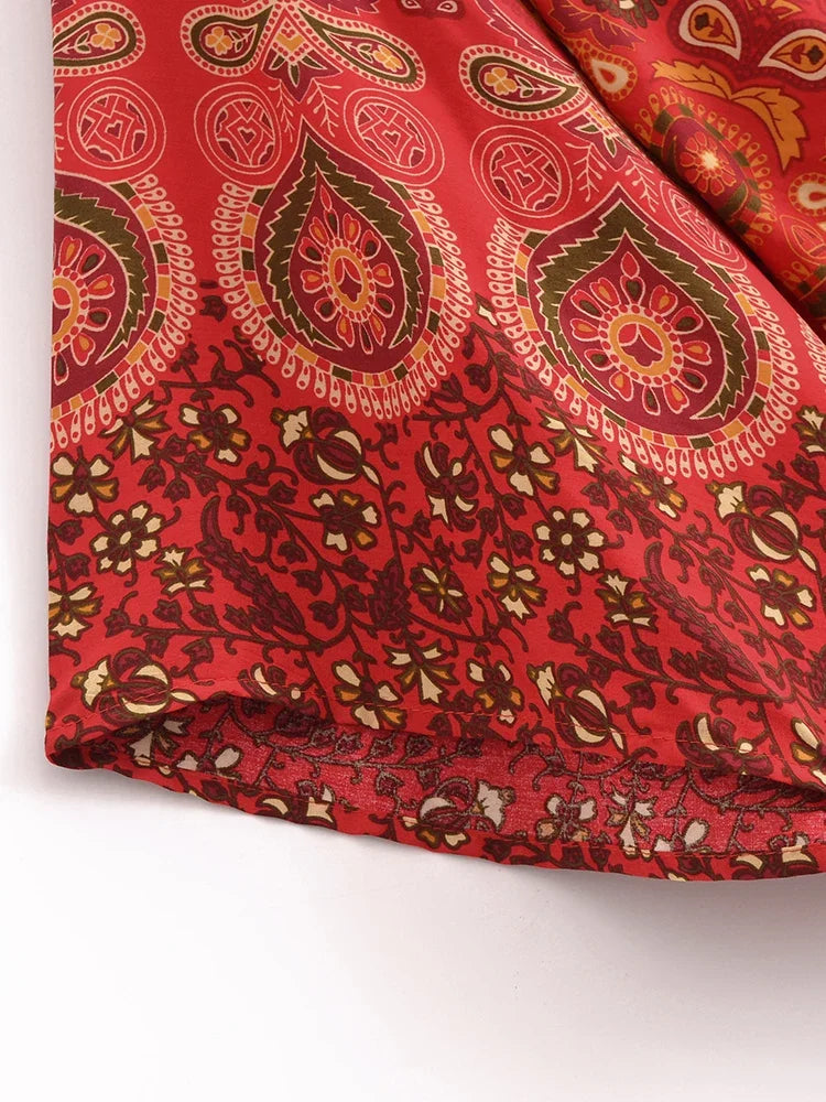 Nuri's Boho Short Kimono Red Floral Wrap Top