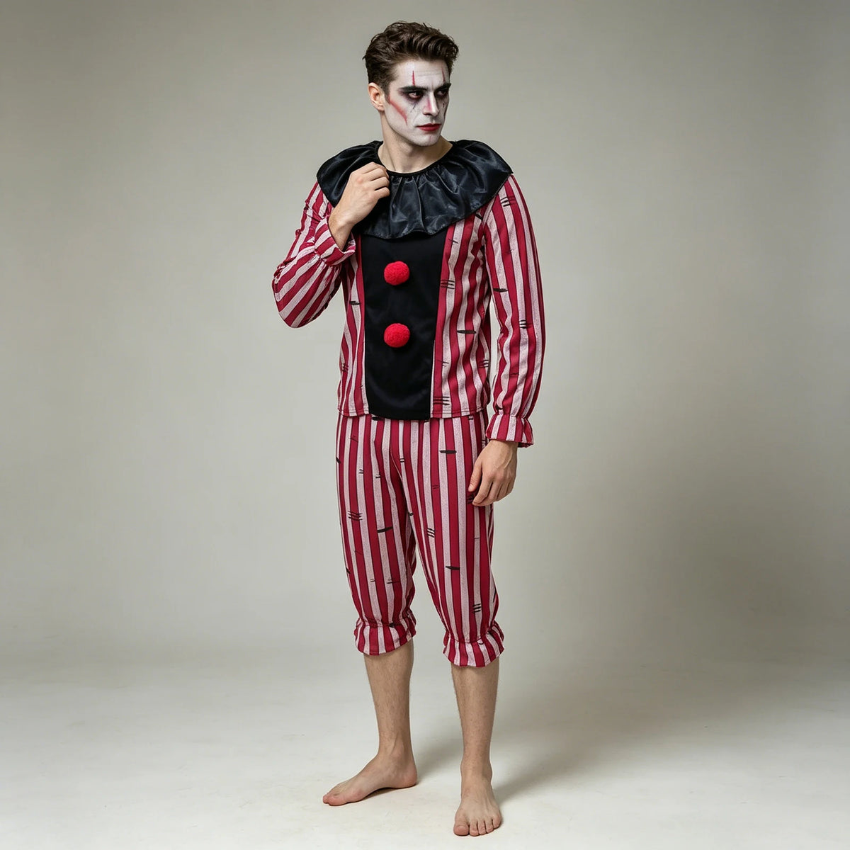 Men's Striped Clown Costume Vintage Circus Joker Cosplay Suits Long Sleeve Tops and Pants Set Halloween Carnivals Outfits