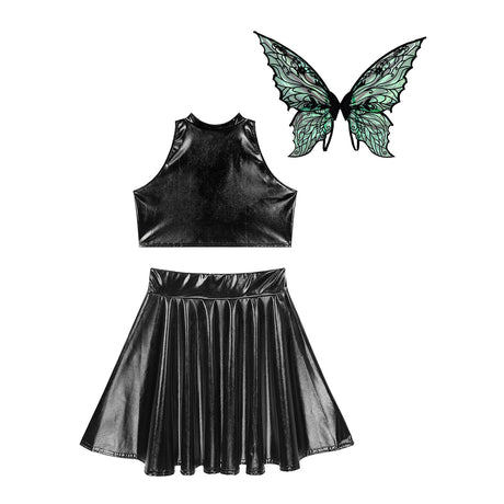 Festival Fairy Cosplay Costume Sleeveless Crop Top, High Waist Flared Skirt And Butterfly Wings Set