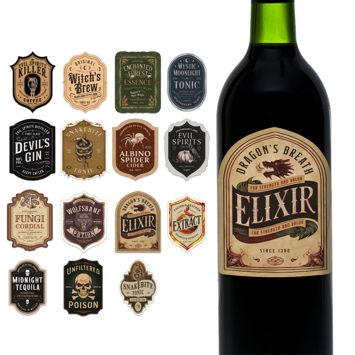 15pcs Vintage Halloween Bottle Label Stickers Apothecary Potion Props