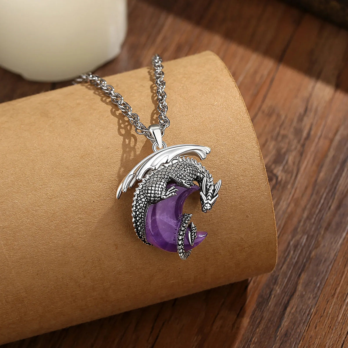 Dragon Crescent Moon Natural Amethyst Crystal Necklace Pendant