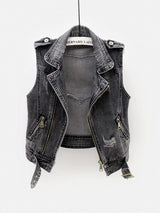 Black Denim Sleeveless Jacket Grunge Ripped Vest