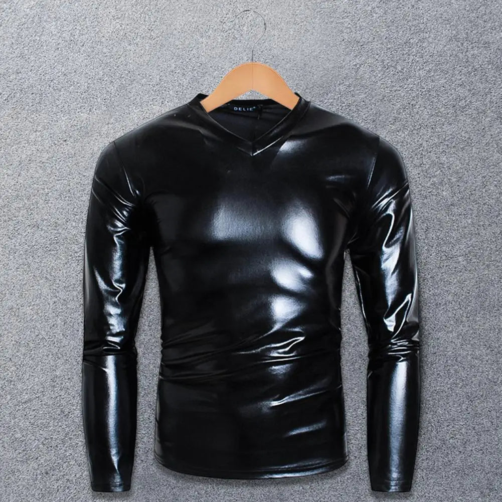 Men T-shirt Glossy Solid Long Sleeve Tops Nightclub Party Performance Wear