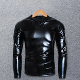Men T-shirt Glossy Solid Long Sleeve Tops Nightclub Party Performance Wear