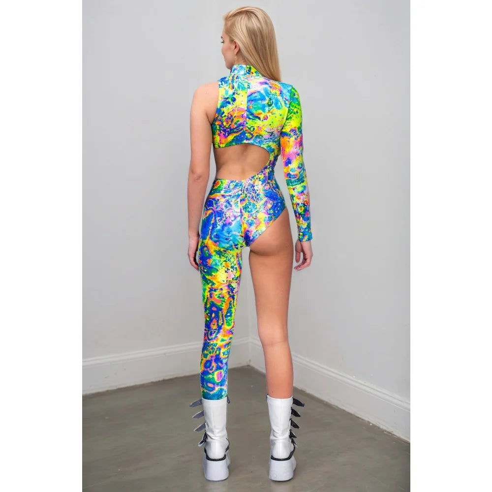 Asymmetrical Women Cyberpunk  Bodysuit Costume Colourful Jumpsuit Cosplay Halloween Party Performance Suit