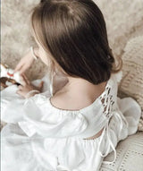 Girls Cotton and Hemp Bubble Sleeve Princess Dress