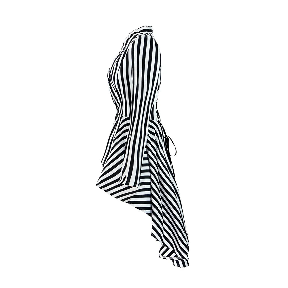 Womens Circus Ringmaster Lion Tamer Cosplay Costume Steampunk Victorian Irregular BW Stripes Coat