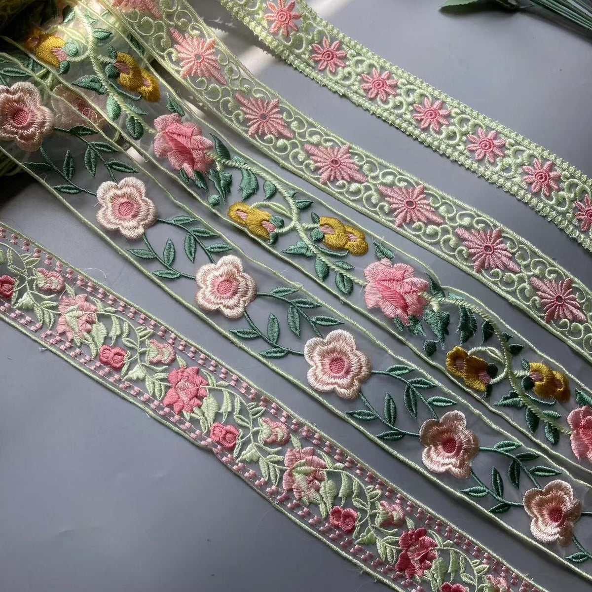 Pale Green & Pinks Embroidered Lace Ribbon DIY Crafts 1 Yard 5cm