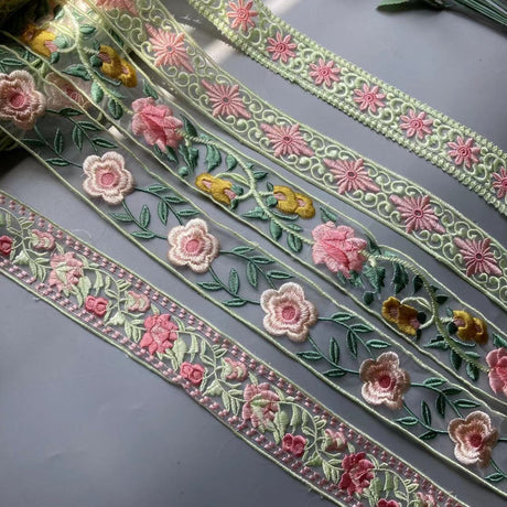 Pale Green & Pinks Embroidered Lace Ribbon DIY Crafts 1 Yard 5cm