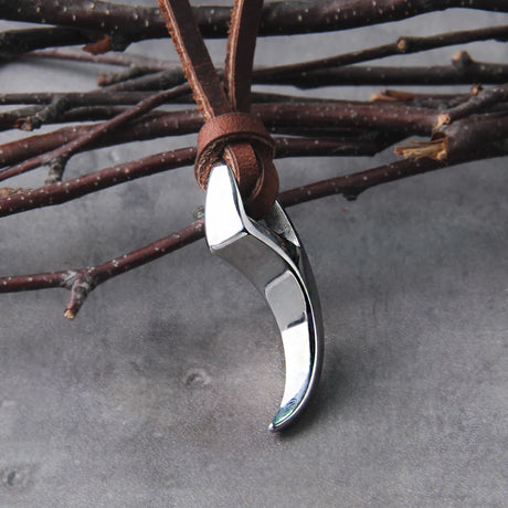 Viking Wolf Fang Stainless Steel Pendant Necklace For Men with Wooden Gift Box