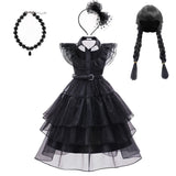 Wednesday Addams Cosplay Costume Girls Black Gothic Dress Sets
