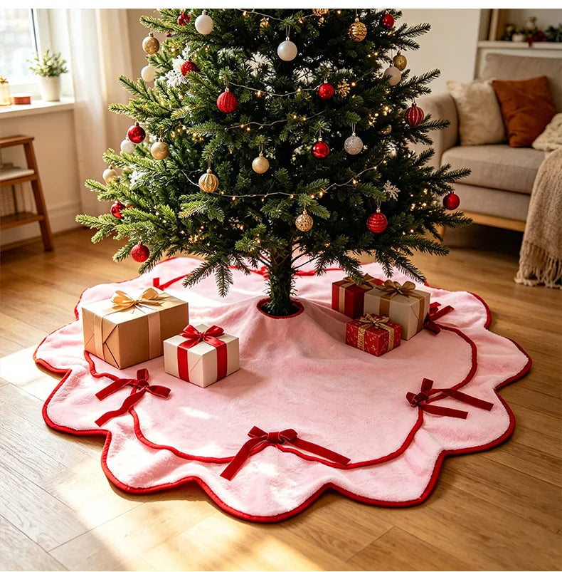 Velvet Bow Christmas Tree Skirts Soft Plush Stand Cover Xmas Decor