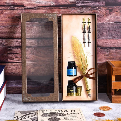 Golden Feather Quill Pens Set Dip Fountain Pens Ink Stationery Writing Gift Box Sets