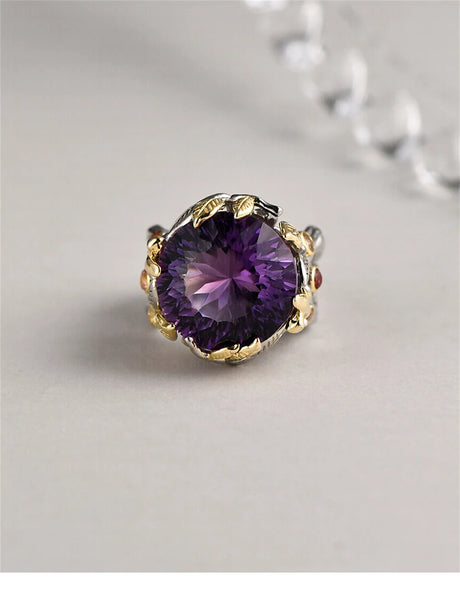 The Weaver's Treasures S925 Sterling Silver Rings Golden Leaves Natural Amethyst Tourmaline