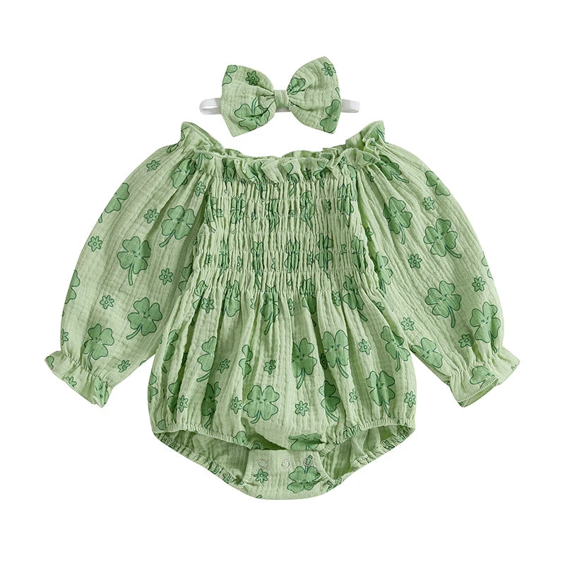 Valentines Day Easter St Patricks Christmas Baby Girls Heart Print Romper with Headband