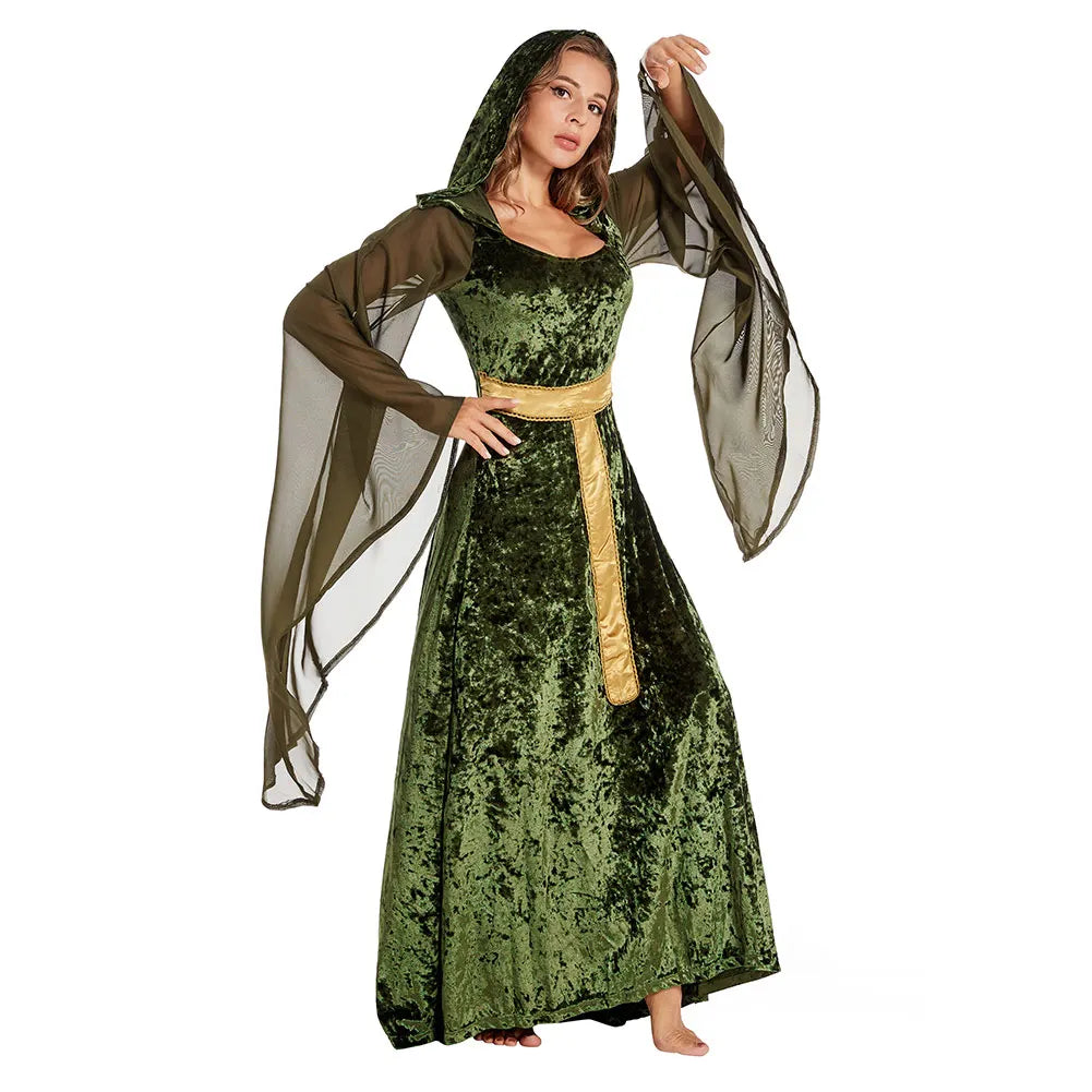 Mysterious Medieval Lady Cosplay Green Black Hooded Gown Renaissance Costume