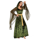 Mysterious Medieval Lady Cosplay Green Black Hooded Gown Renaissance Costume
