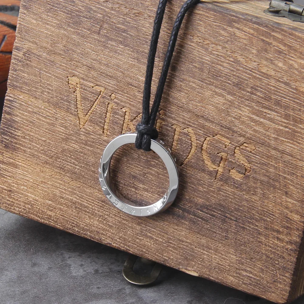 Viking Runes Stainless Steel Pendant Necklace with Wooden Box