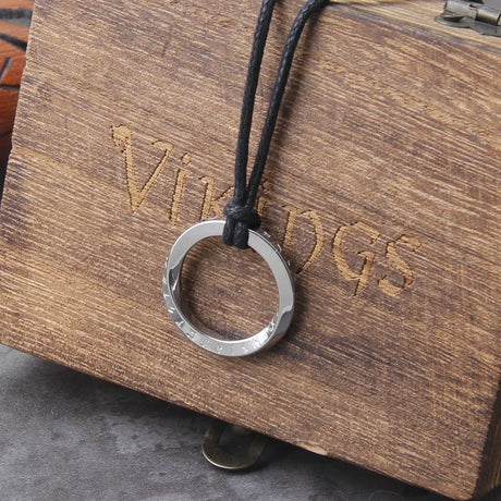 Viking Runes Stainless Steel Pendant Necklace with Wooden Box