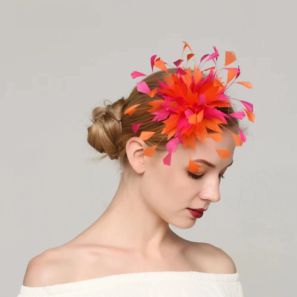 Orange and Pink Feather Fascinator Hat Spring Race Season