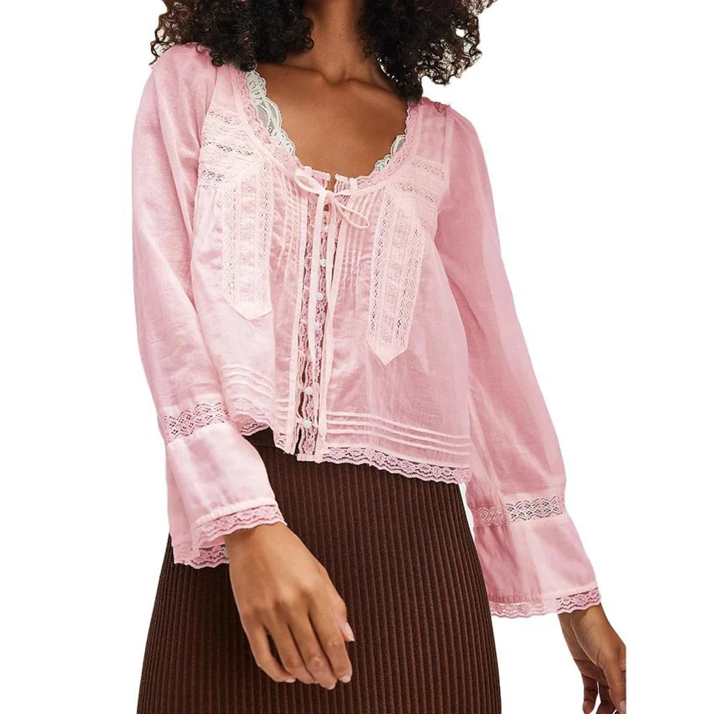 Y2K Boho Long Sleeve Lace Patchwork Button-down Tops 100% Cotton