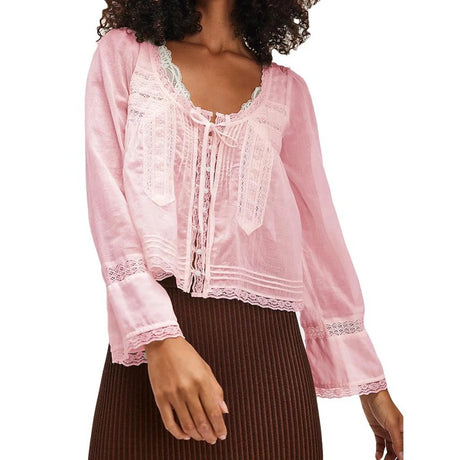 Y2K Boho Long Sleeve Lace Patchwork Button-down Tops 100% Cotton