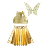 Festival Fairy Cosplay Costume Sleeveless Crop Top, High Waist Flared Skirt And Butterfly Wings Set
