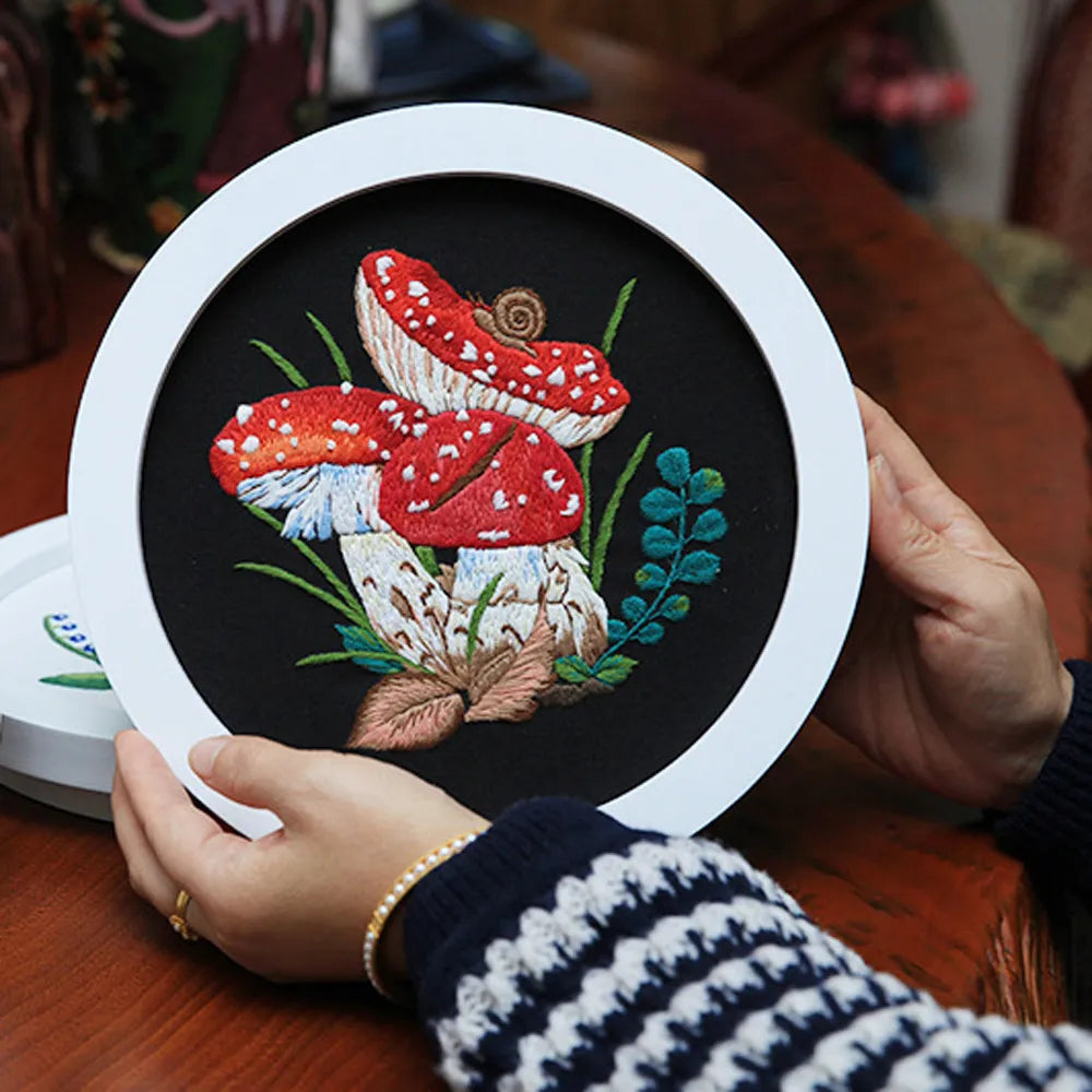 DIY Mushroom Embroidery Kit with Hoop Beginner Needlework Set