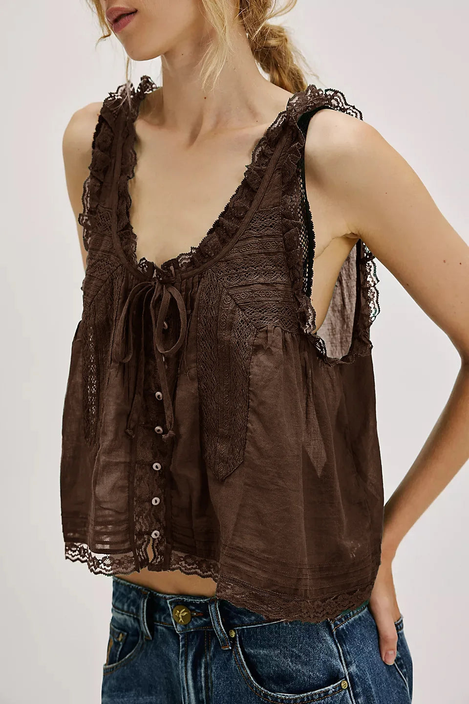 Pip's Summer Cotton Camis Crop Tops Boho Spliced Lace Tank Tops