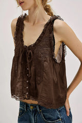 Pip's Summer Cotton Camis Crop Tops Boho Spliced Lace Tank Tops