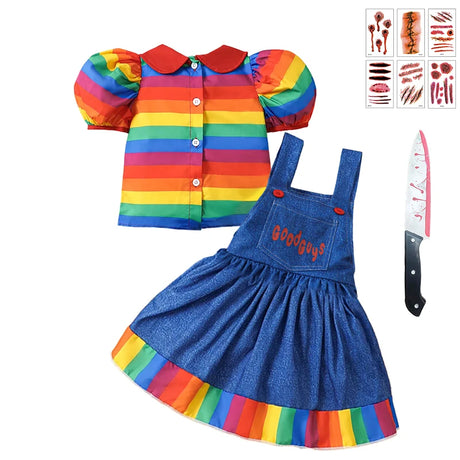 Chucky Costume  Halloween Toddler Baby Girl Cosplay Kids Rainbow Striped Shirt Overalls
