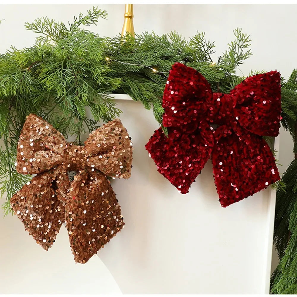 Sparkling Christmas Bow with Ribbon Christmas Tree Bowknot Flocked Wreath Xmas Decorations