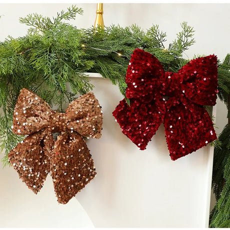 Sparkling Christmas Bow with Ribbon Christmas Tree Bowknot Flocked Wreath Xmas Decorations