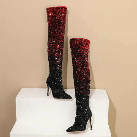 Galaxy Thigh High Boots Gradient Sequin Stretch Boots 11CM Heels