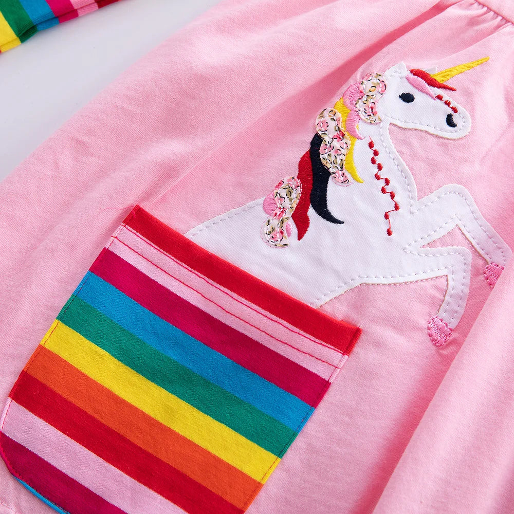 Girls' Long Sleeve Unicorn Dress Two Pockets Rainbow Sleeves