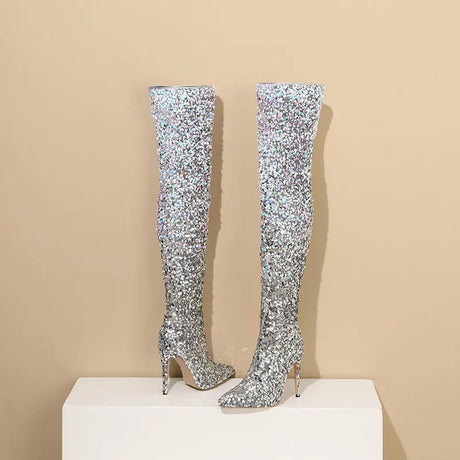 Galaxy Thigh High Boots Gradient Sequin Stretch Boots 11CM Heels