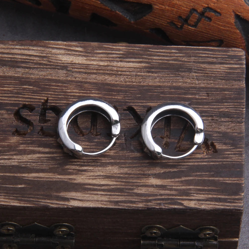 Viking Rivet Stainless Steel Huggie Hoop Earrings for Men with Wooden Box
